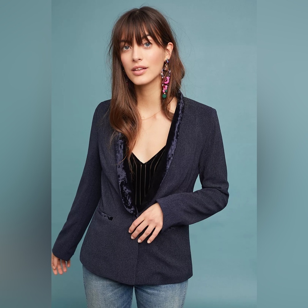 Anthropologie Navy Blazer with Velvet Trim